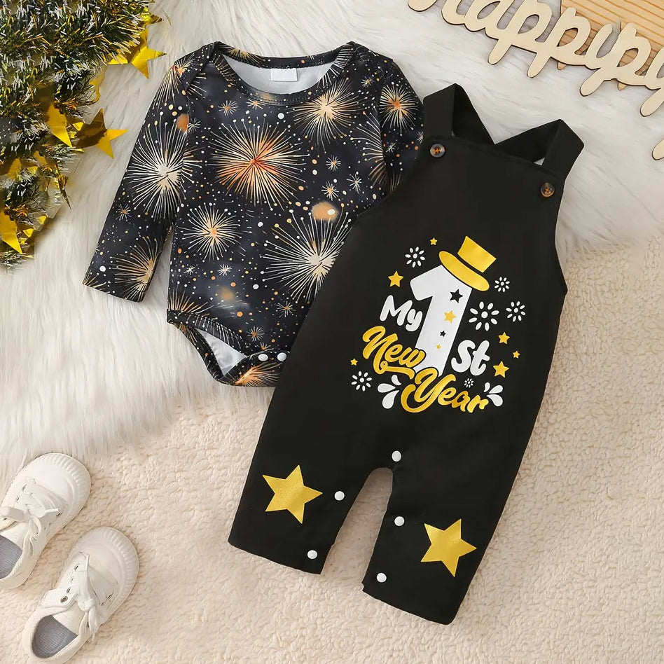 2PCS My 1st New Year Letter Fireworks Printed Overalls Baby Set