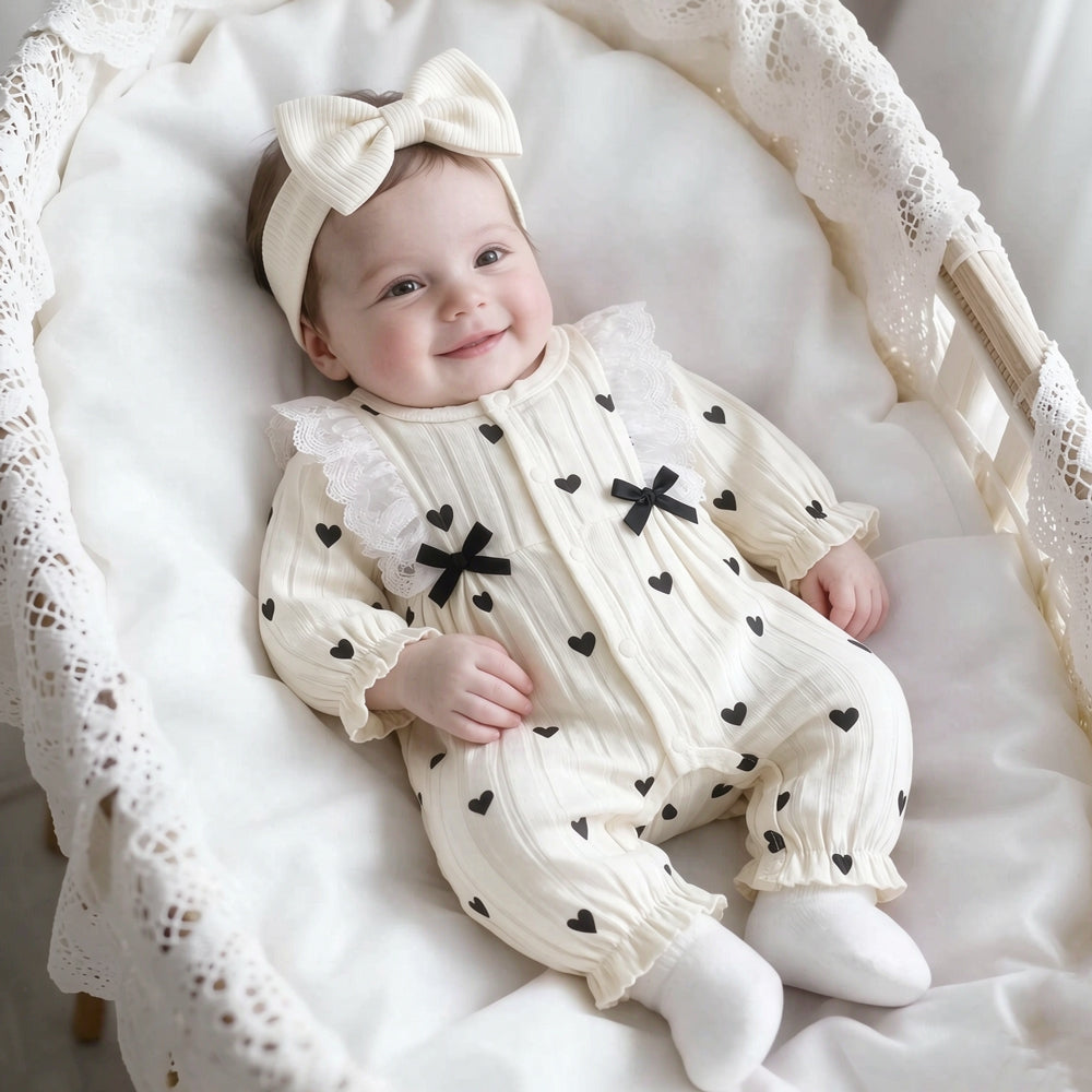 Elegant Heart Print Lace Trim Long Sleeve Baby Girl Jumpsuit
