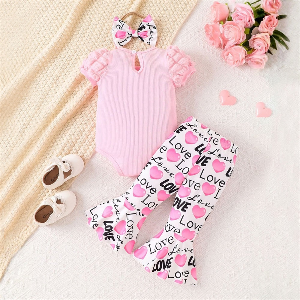 3PCS LOVE Letter Heart Printed Short Sleeve Baby Set