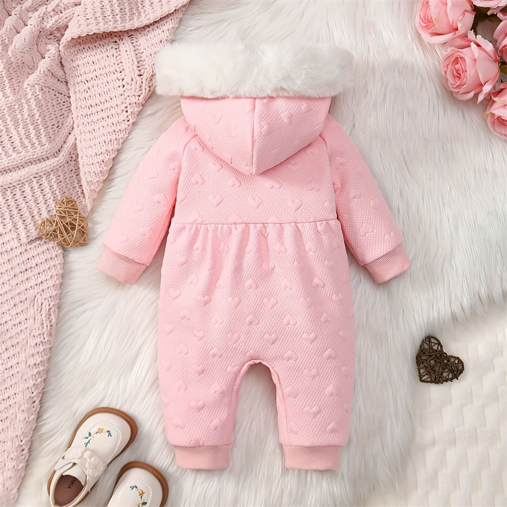 Soft Heart Print Long Sleeve Big Fur Collar Hooded Baby Jumpsuit