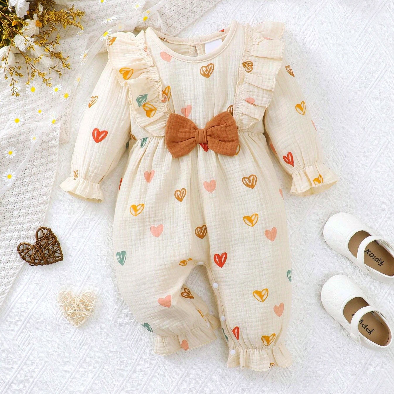 Lovely Heart Printed Ruffle Long Sleeve Baby Girl Jumpsuit