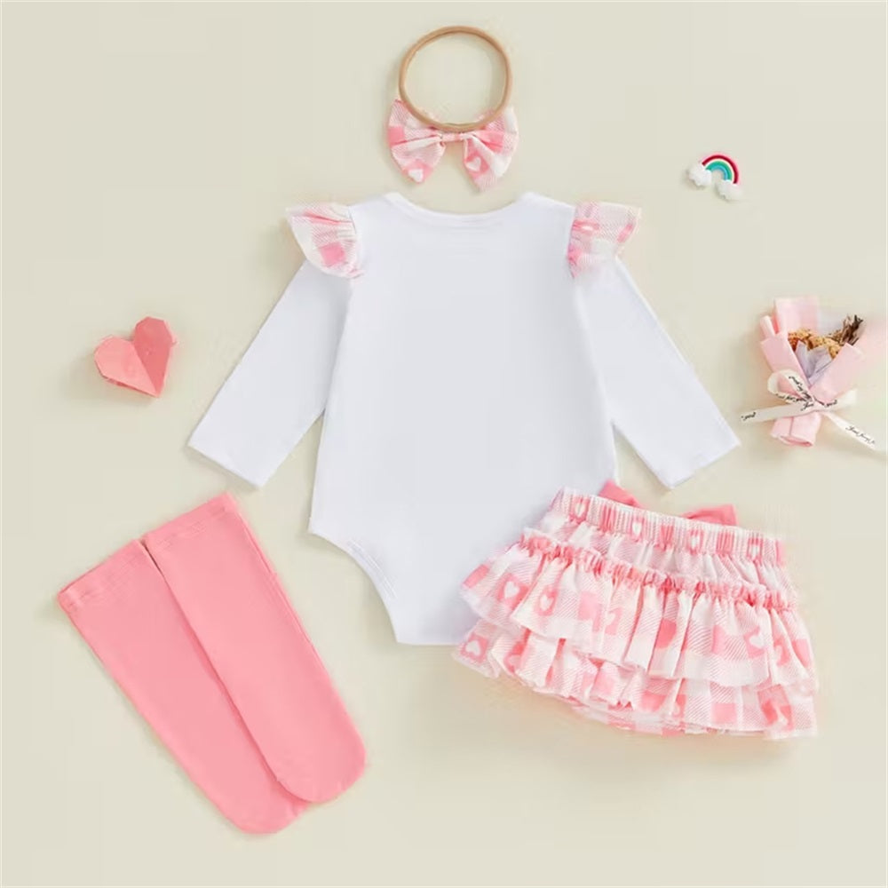 4PCS Be Mine Heart Print Plaid Long Sleeve Baby Set