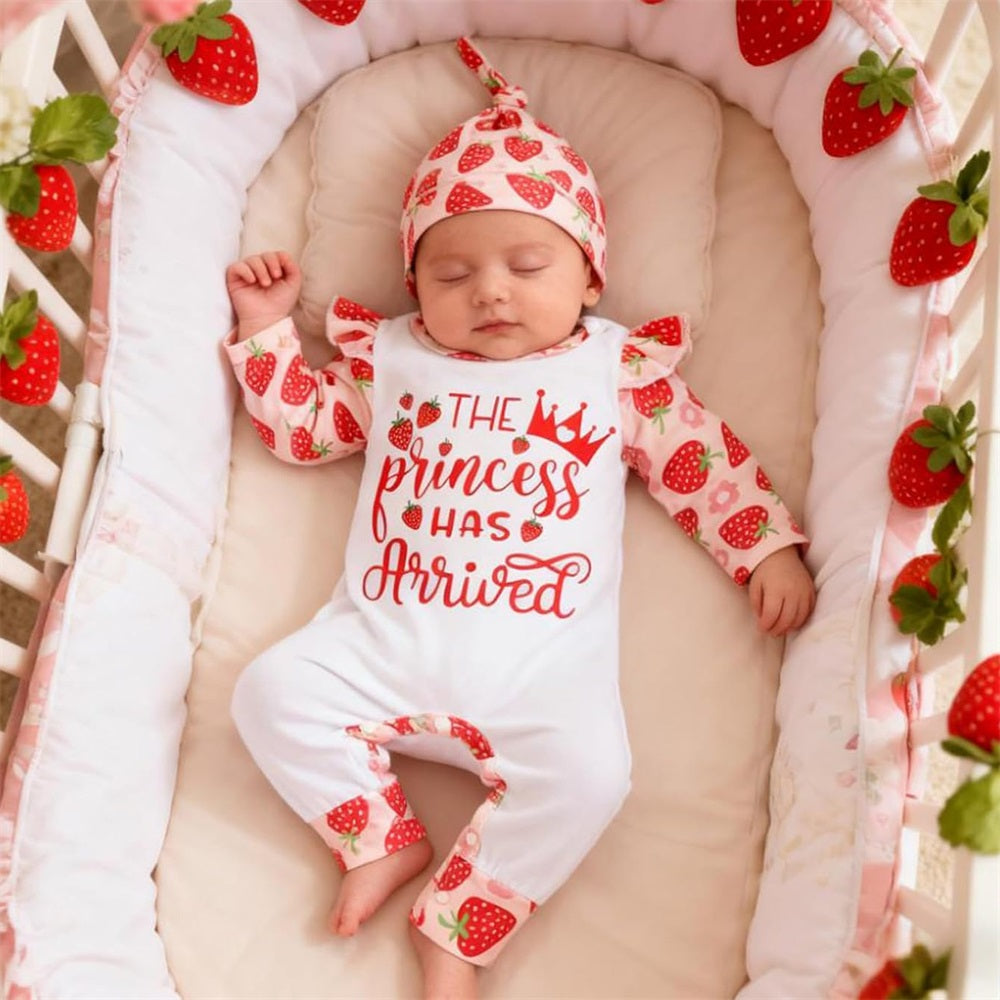 3PCS Princess Has Arrived Letter Strawberry Print Baby Jumpsuit