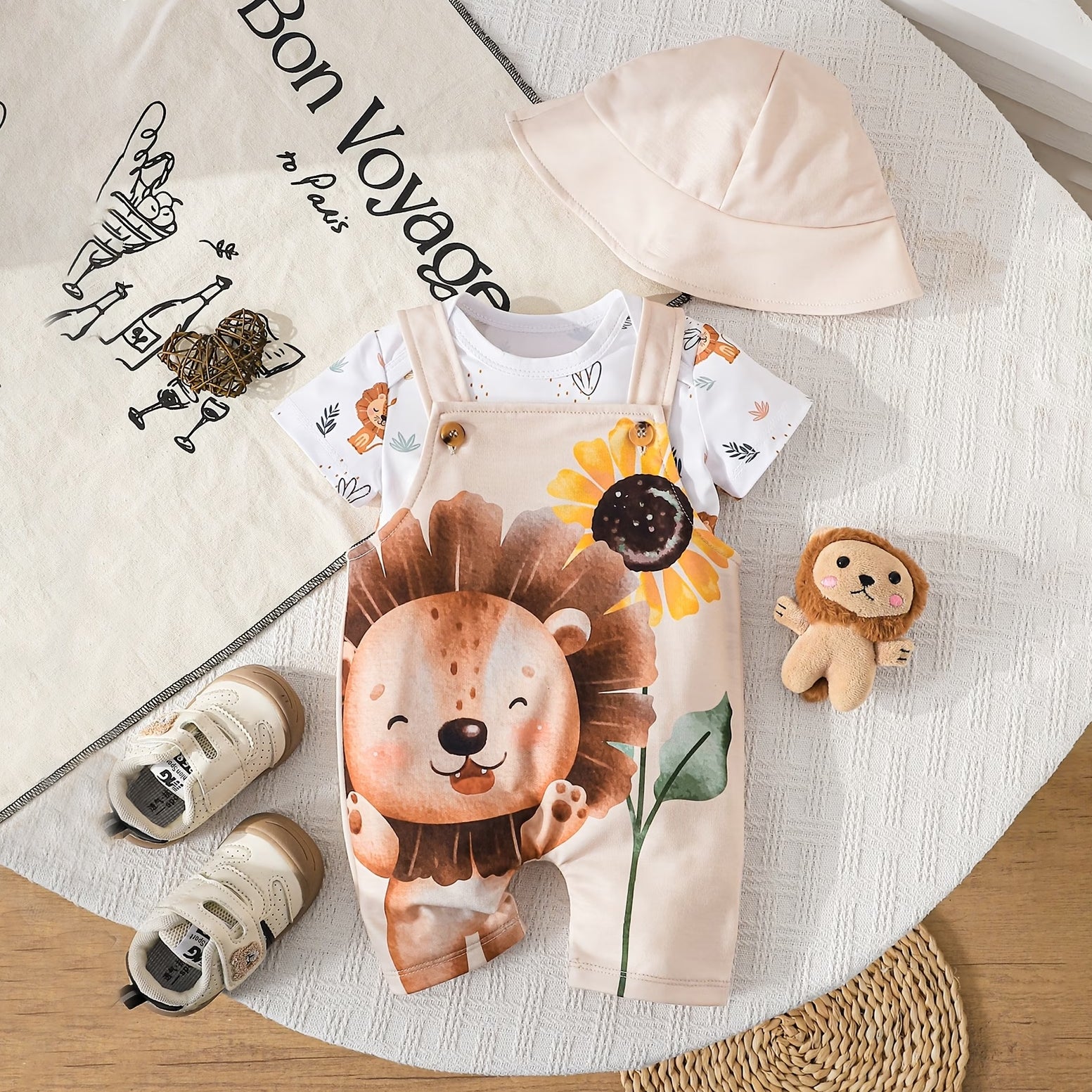 3PCS Casual Lion Print Short Sleeve Baby Overalls Set