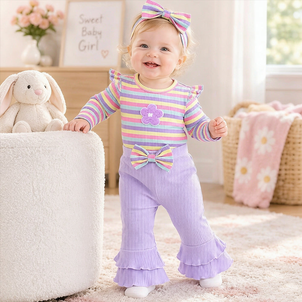 4PCS Radiant Floral Applique Stripe Printed Long Sleeve Baby Set