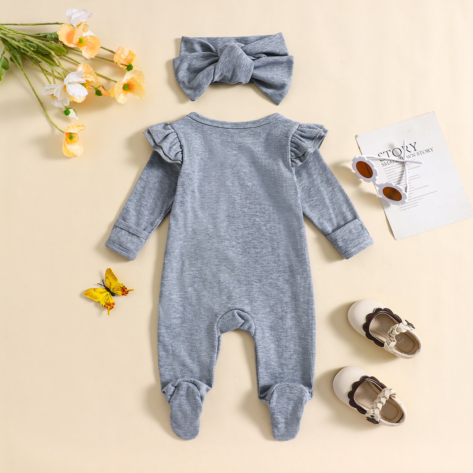 2PCS Delicate Solid Color Long Sleeve Baby Jumpsuit