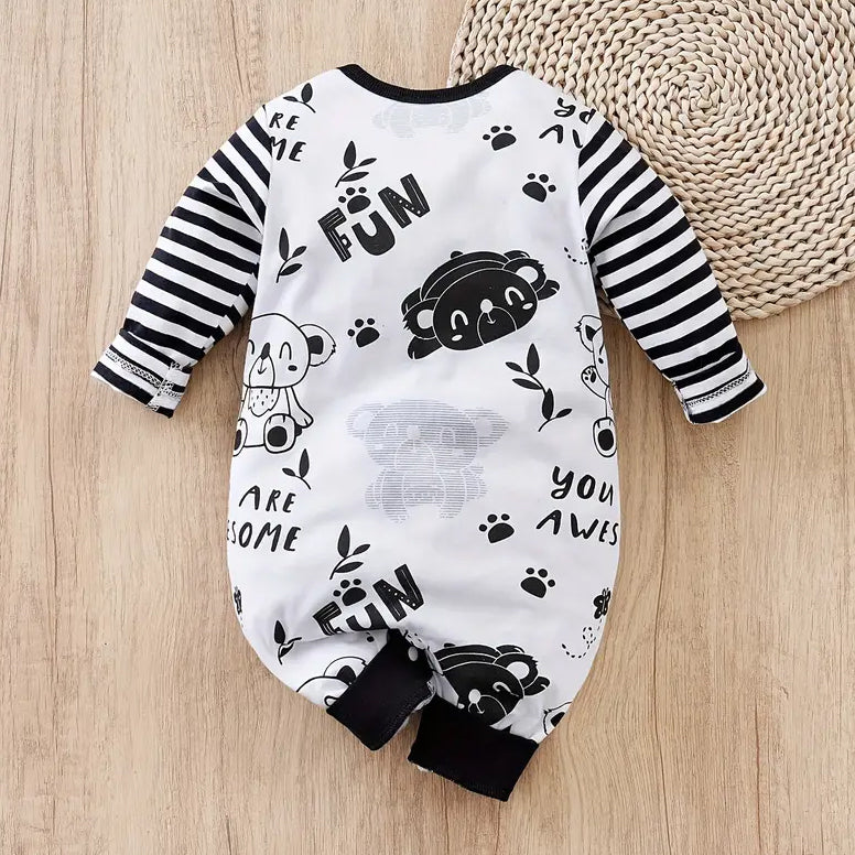 Funny Koala Stripe And Letter Printed Long Sleeve Baby Jumpsuit