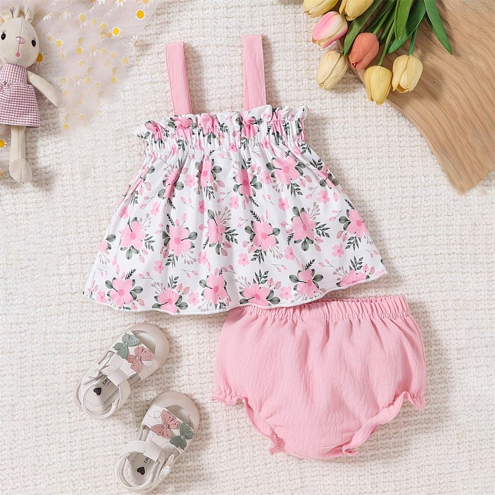 2PCS Stylish Floral Printed Suspender Baby Set