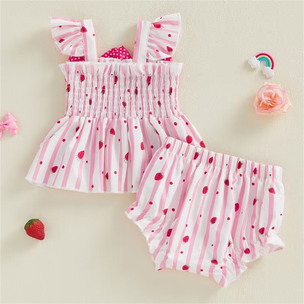 2PCS Sweet Strawberry Print Striped Sleeveless Baby Set