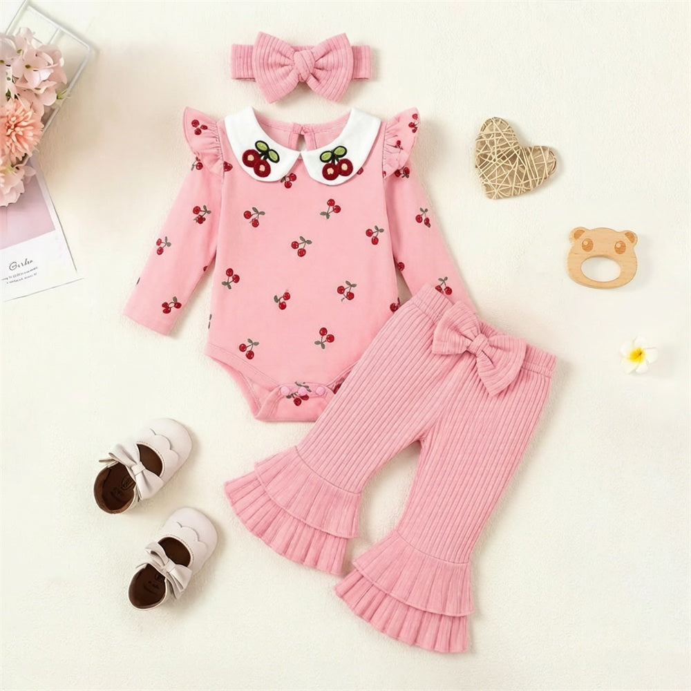 3PCS Lovely Cherry Printed Long Sleeve Baby Girl Set