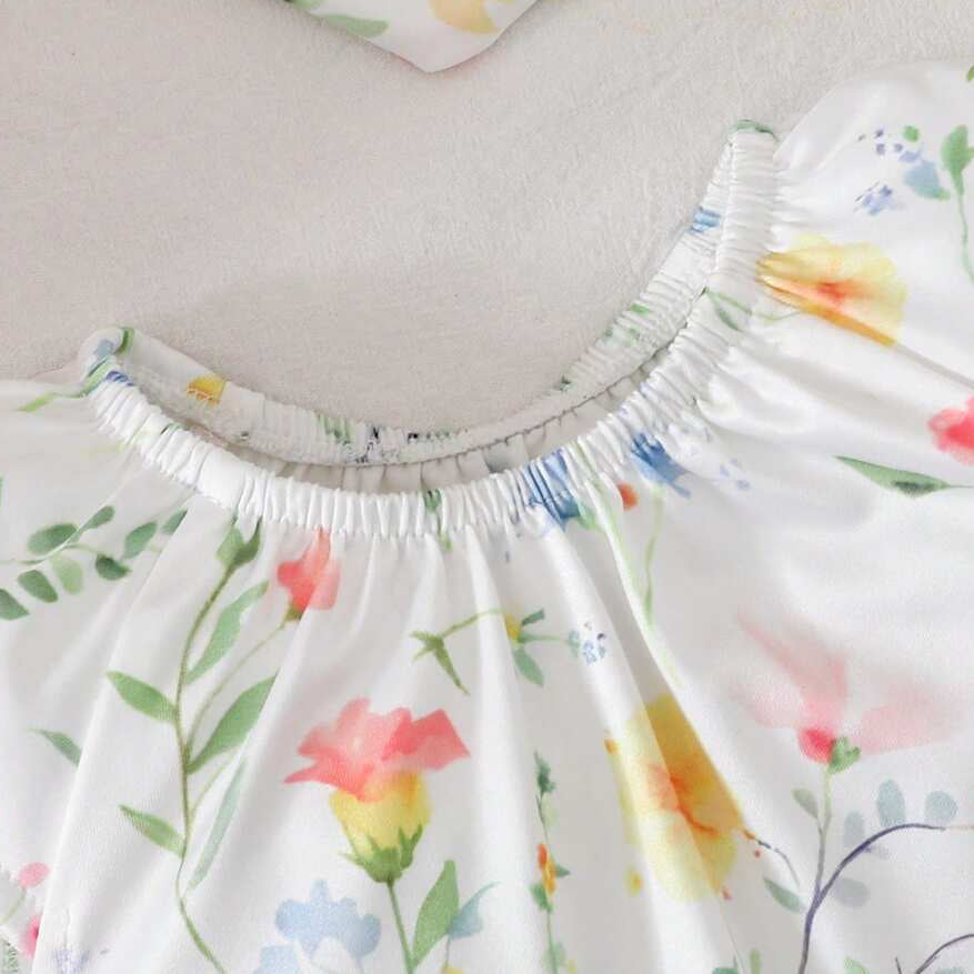 2PCS Fresh Floral & Plant Printed Short Sleeve Baby Jumpsuit