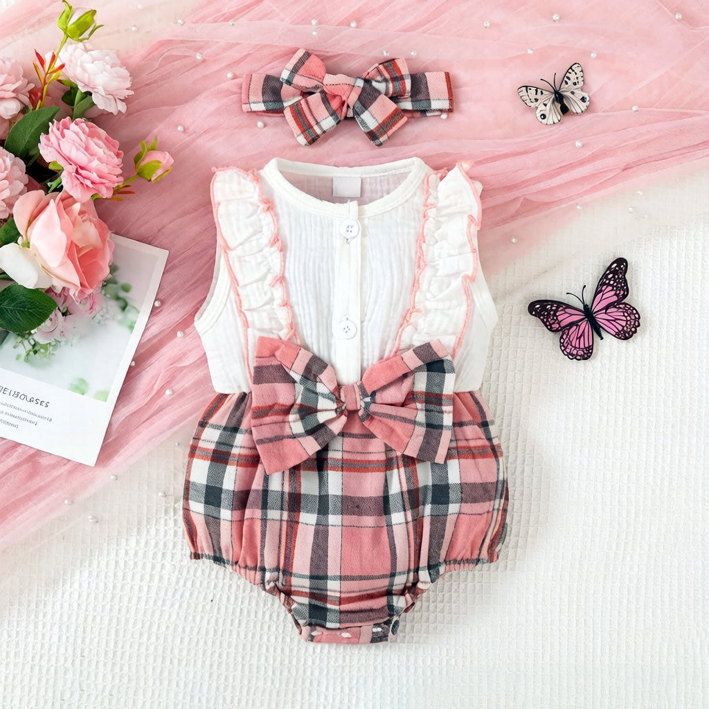 2PCS Classy Plaid Print Sleeveless Baby Romper
