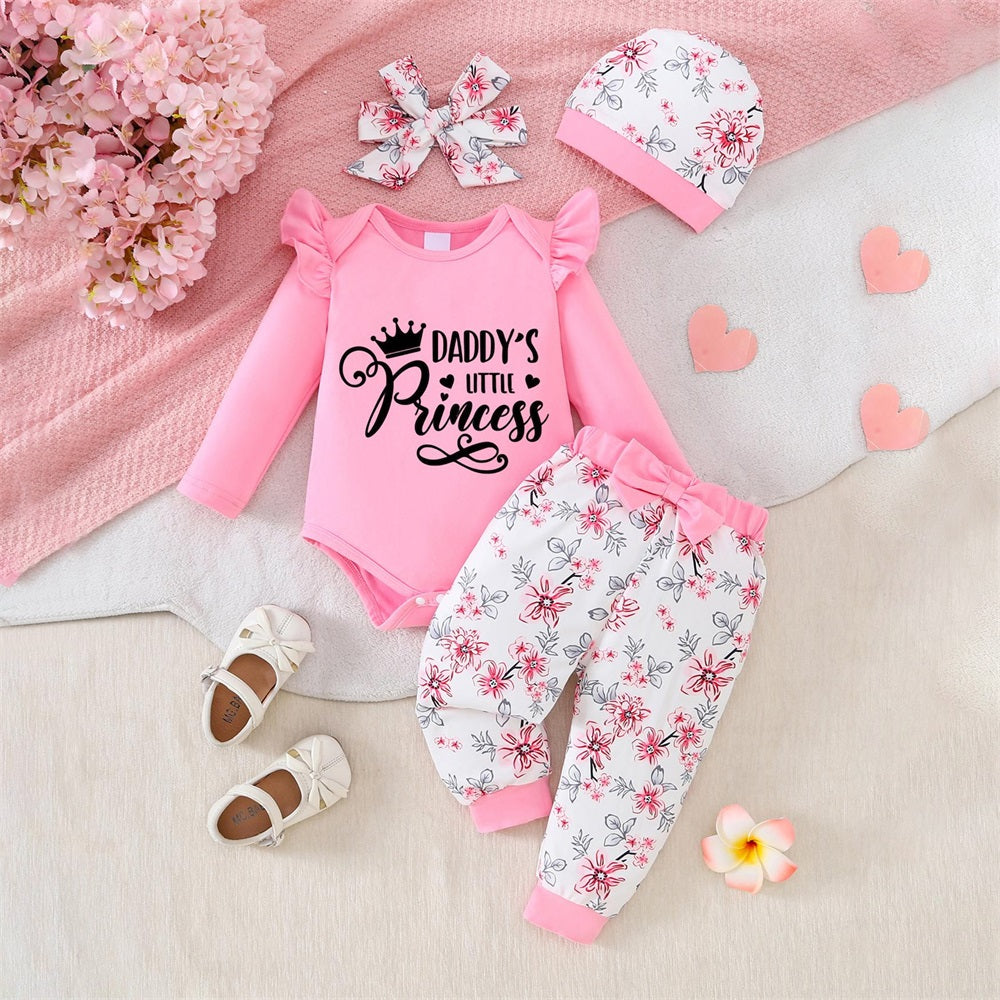 4PCS Daddy's Little Princess Letter Floral Print Long Sleeve Baby Set