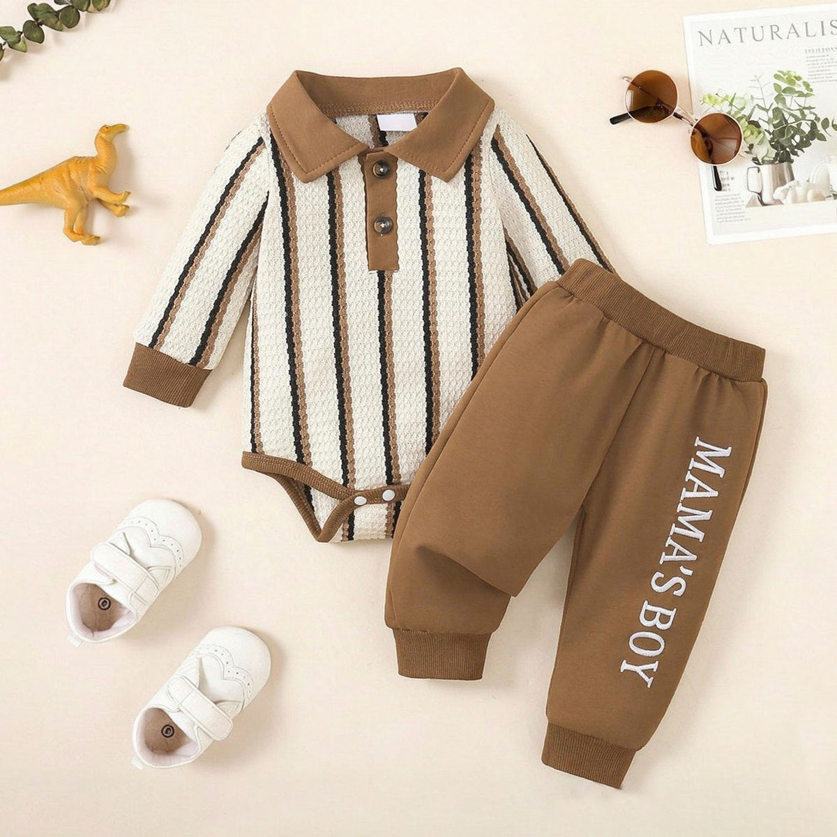 2PCS Chic Mama's Boy Letter Stripe Print Long Sleeve Baby Set