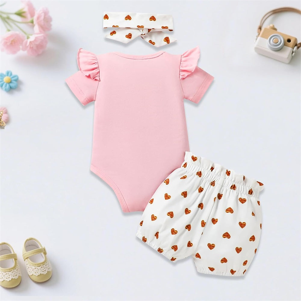 3PCS Little Sis Letter Heart Print Short Sleeve Baby Set