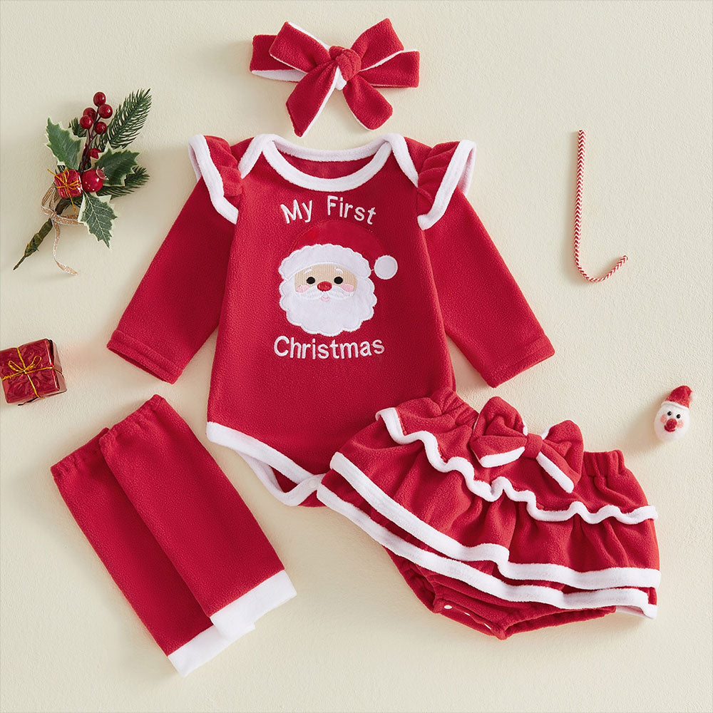 4PCS My First Christmas Letter Santa Claus Embroidered Fleece Baby Set