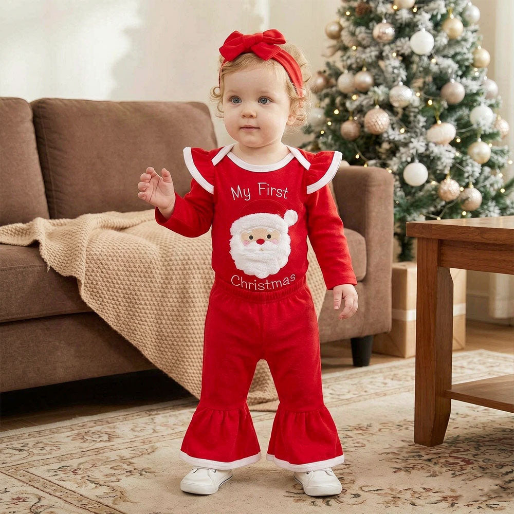 3PCS My First Christmas Letter Print Santa Claus Appliqué Baby Girl Set