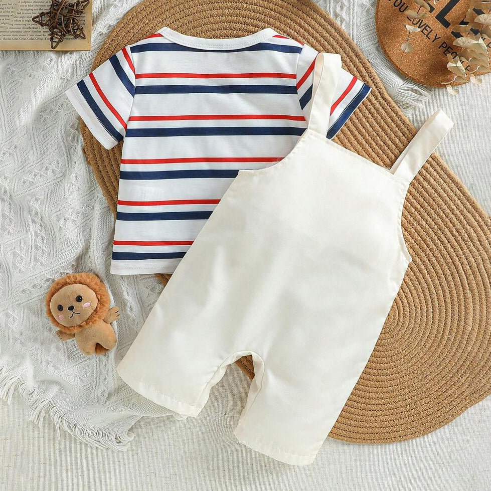 2PCS Adorable Bear Stripe Print Overalls Baby Set