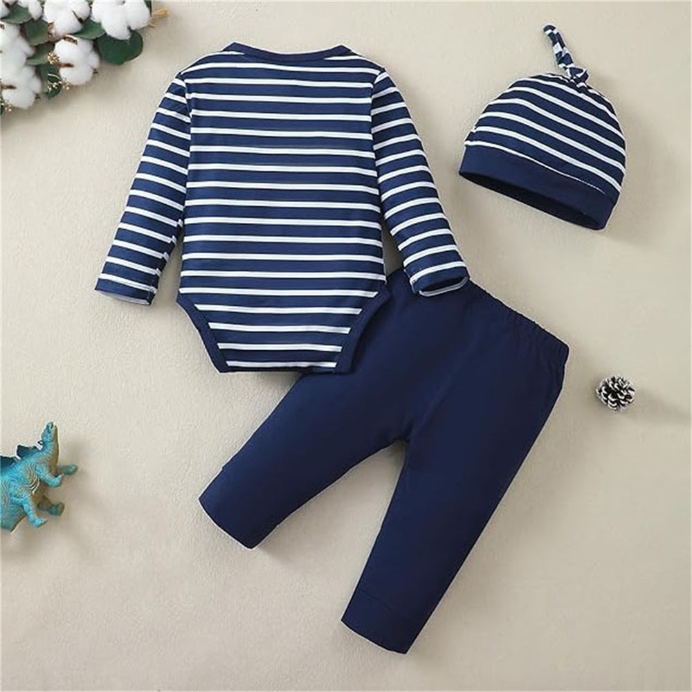 3PCS Casual Dinosaur Print Stripe Long Sleeve Baby Set