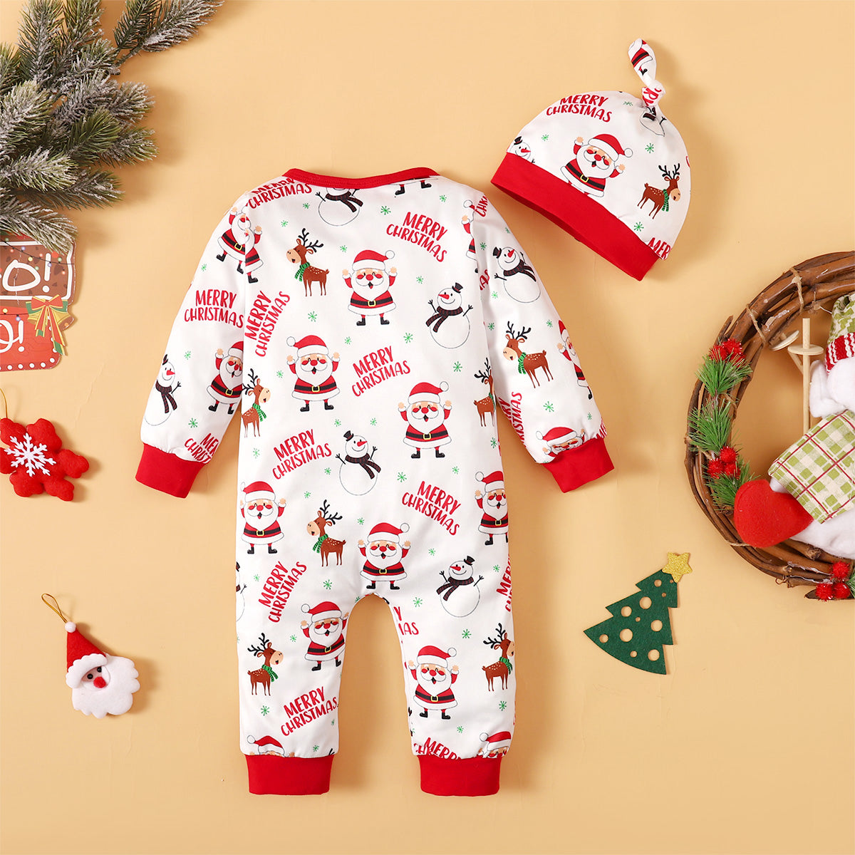 2PCS Merry Christmas Letter Santa Claus Printed Baby Jumpsuit With Hat