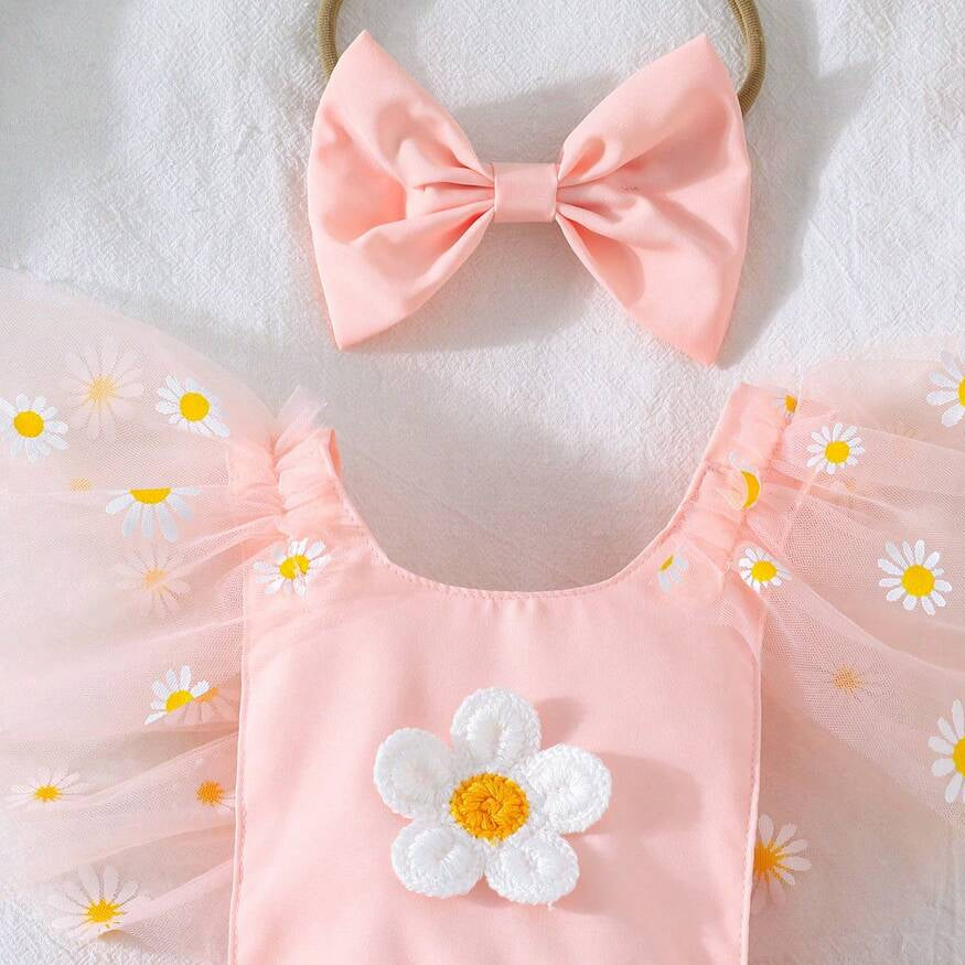 2PCS Floral Appliqué Daisy Print Tulle Flutter Sleeve Baby Romper