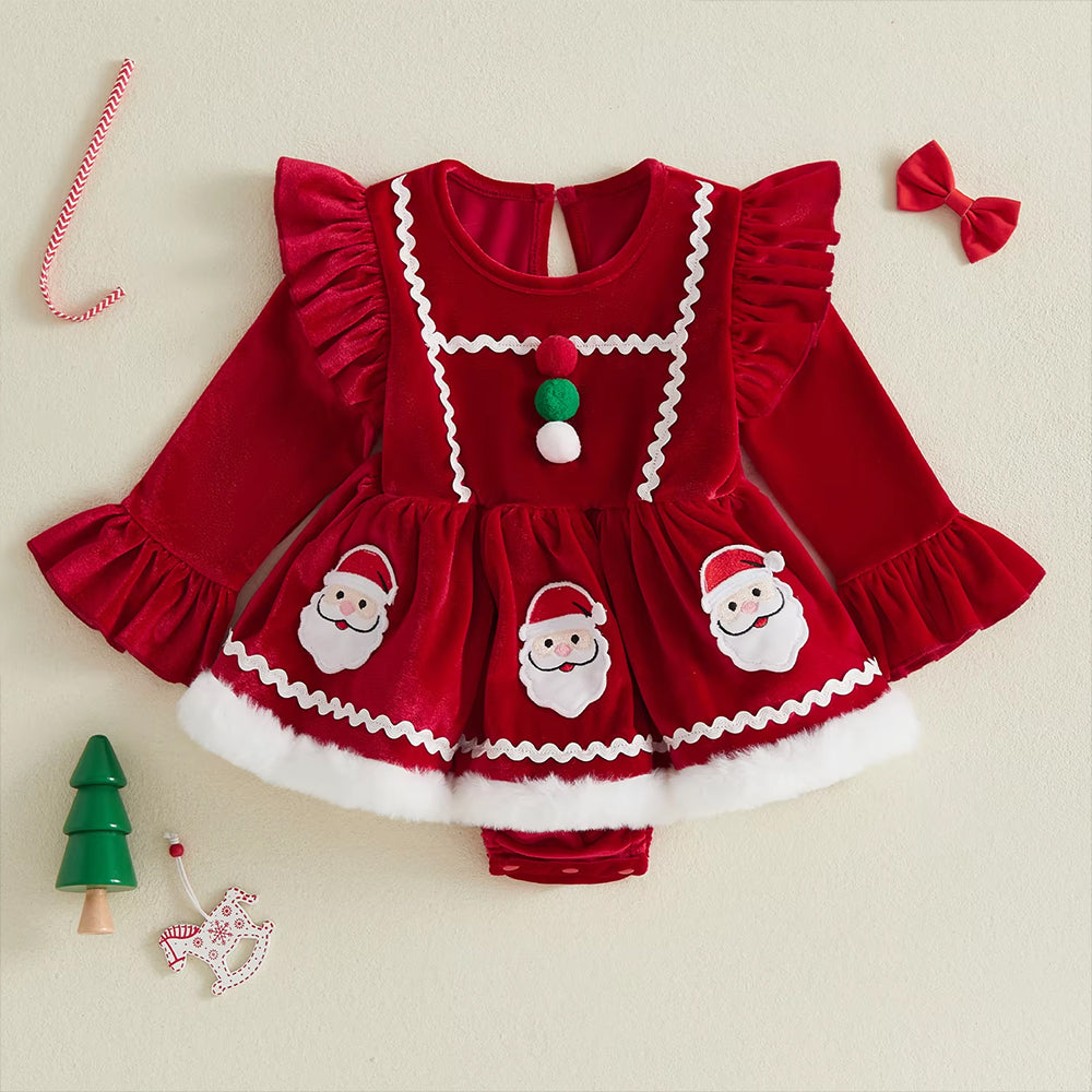 Pretty Santa Claus Applique Long Sleeve Baby Velvet Romper
