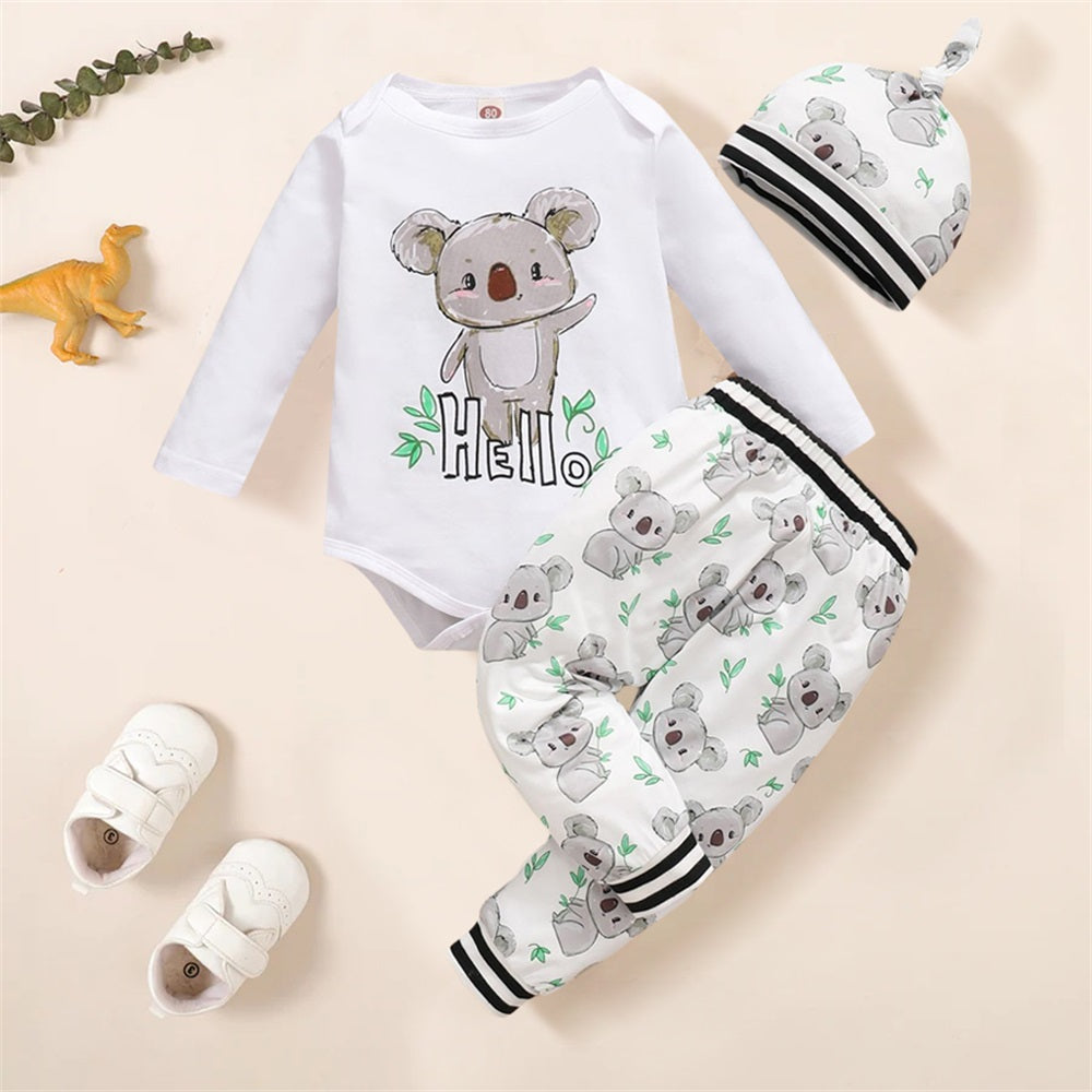 3PCS Adorable Cartoon Koala Print Long Sleeve Baby Set