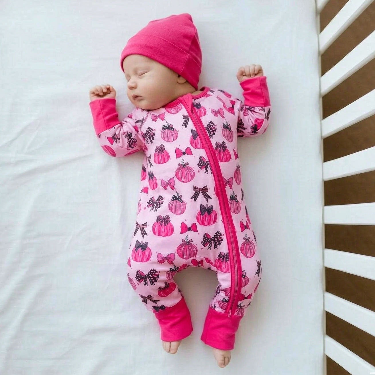 Halloween Pumpkin Bow Printed Long Sleeve Zipper Baby Jumpsuit
