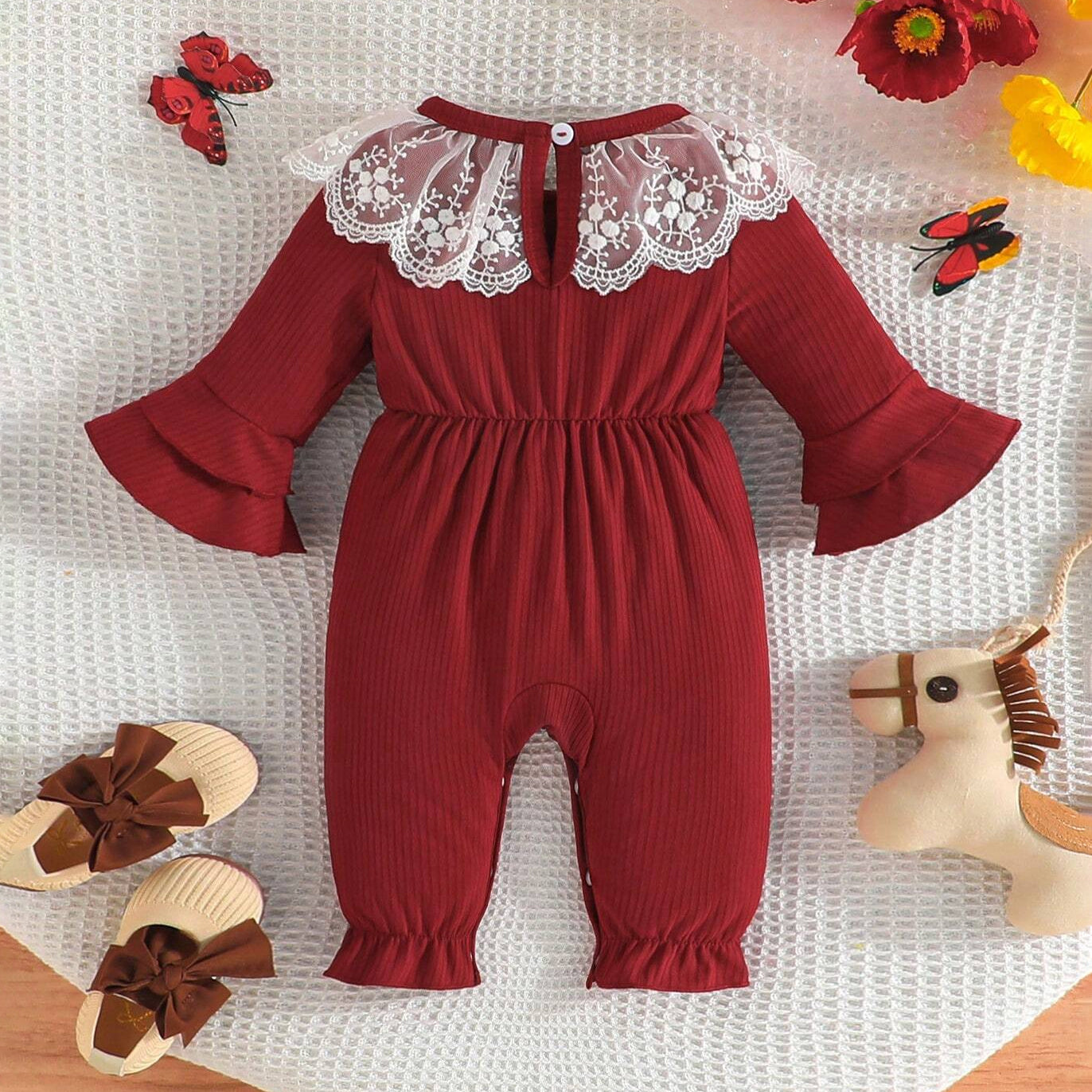 Bow Decoration Lace Splice Flare Sleeve Baby Jumpsuit