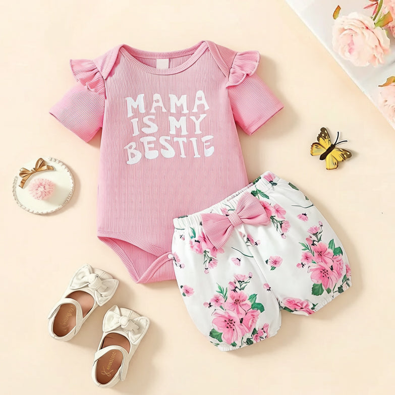 2PCS Mama Is My Bestie Letter Floral Print Short Sleeve Baby Set