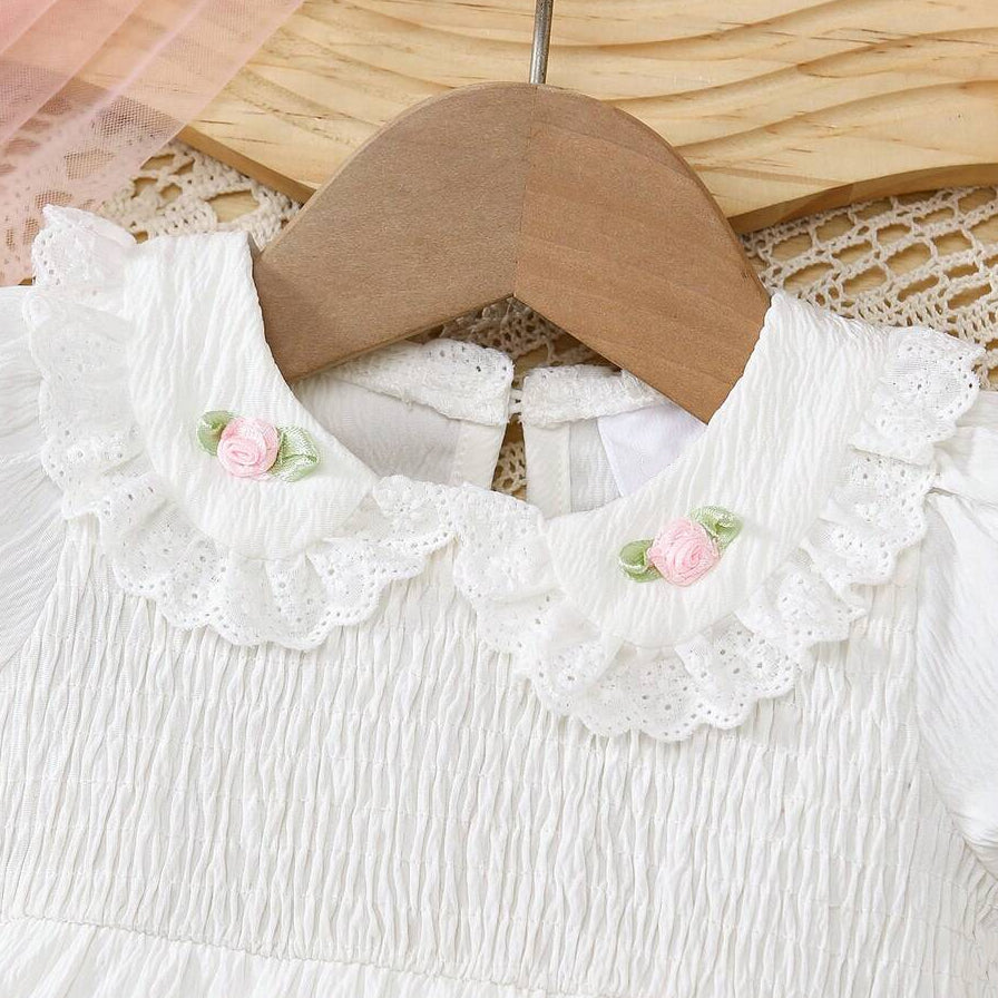 Sweet Solid Color Fabric Rosette Eyelet Lace Short Sleeve Baby Romper
