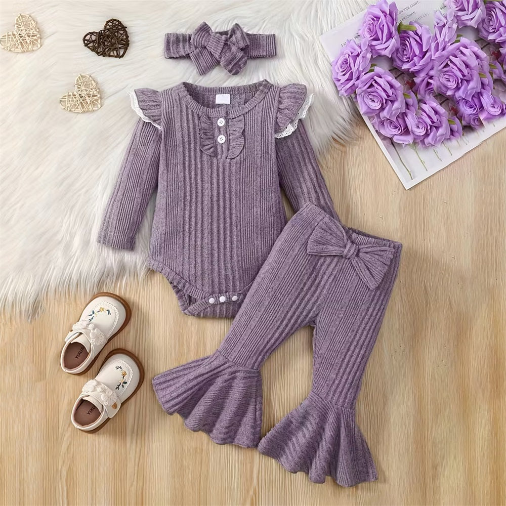 3PCS Elegant Solid Color Long Sleeve Baby Set