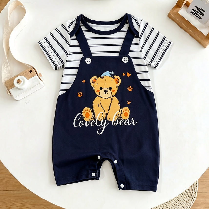 Casual Bear Stripe Printed Short Sleeve Baby Jumpsuit