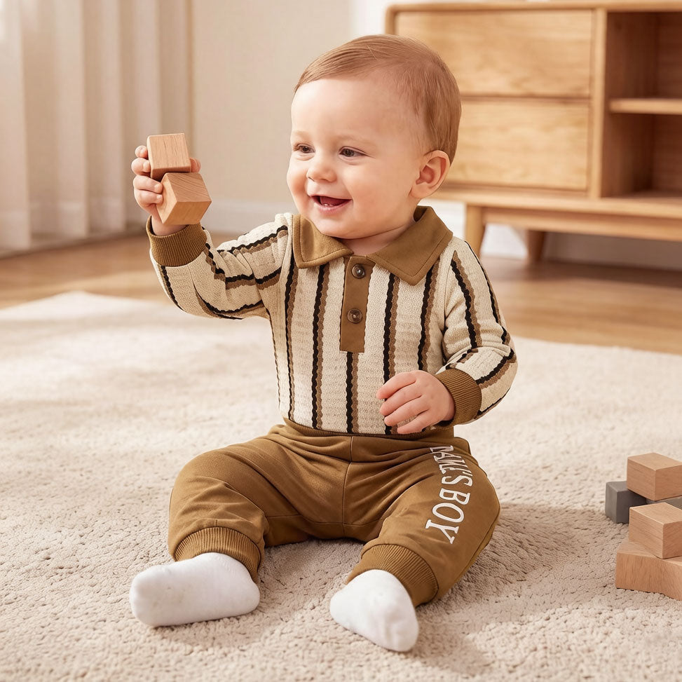 2PCS Chic Mama's Boy Letter Stripe Print Long Sleeve Baby Set