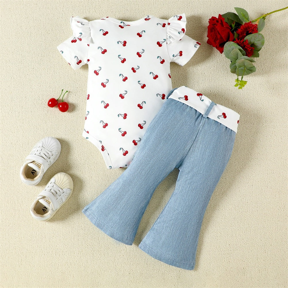 2PCS Summer Cute Cherry Printed Short Sleeve Baby Denim Set
