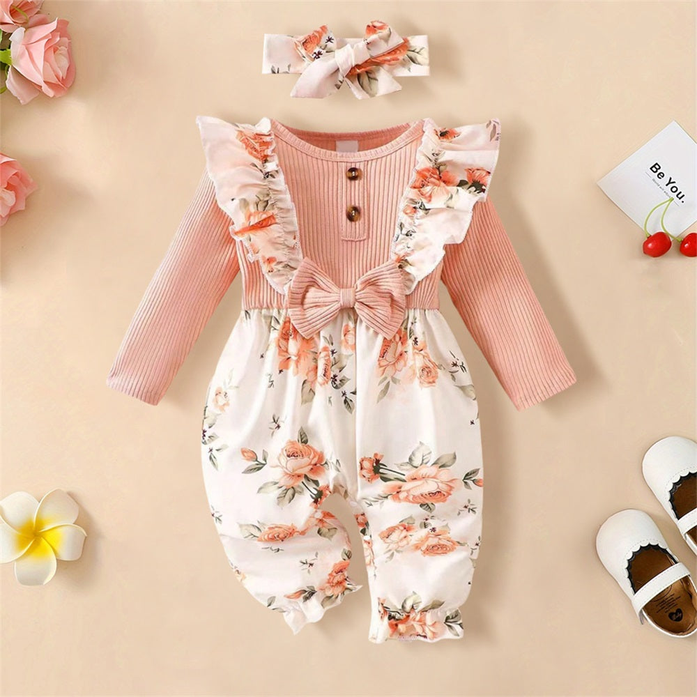 2PCS Fashionable Floral Print Long Sleeve Baby Jumpsuit