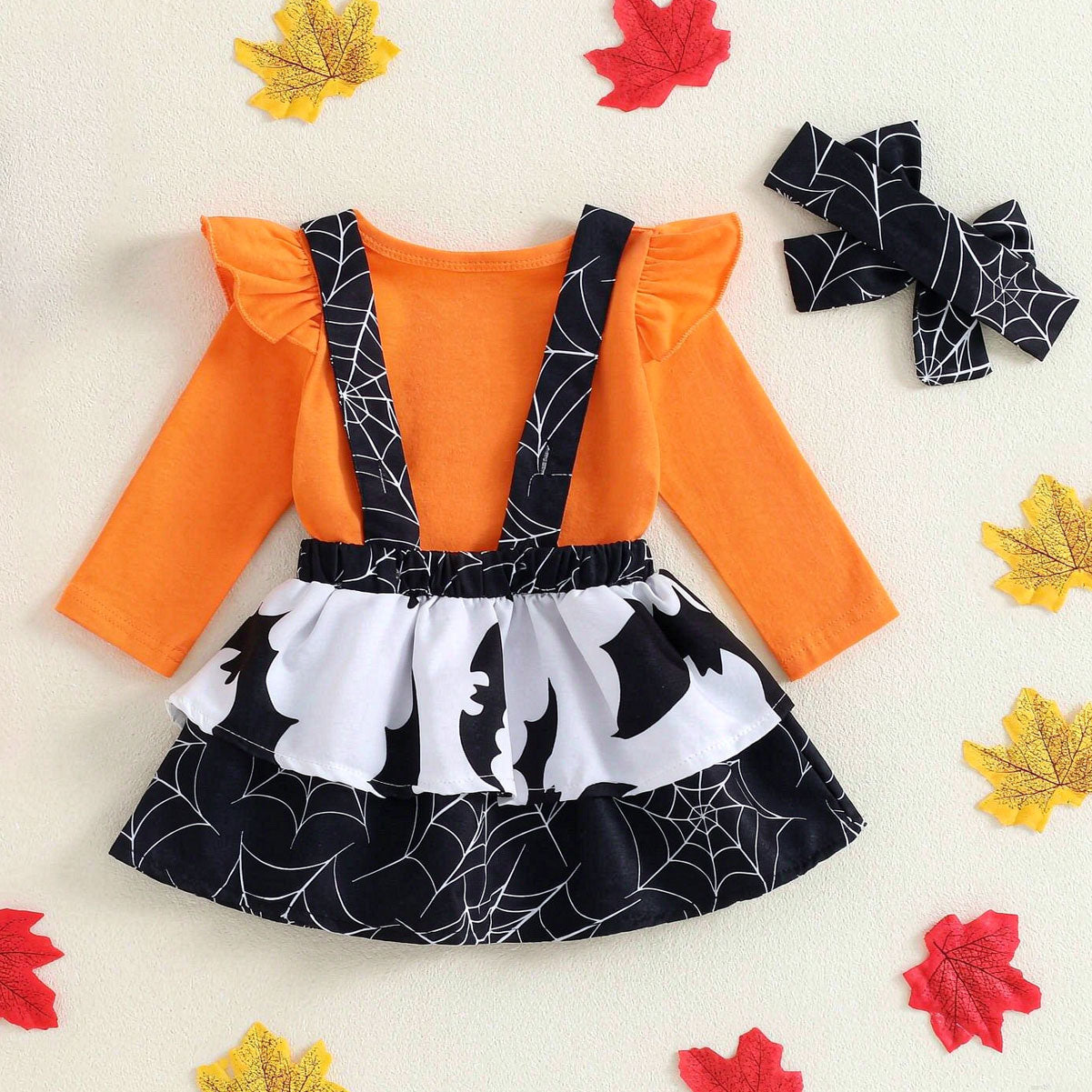 3PCS Halloween Pumpkin Bat Printed Long Sleeve Baby Set