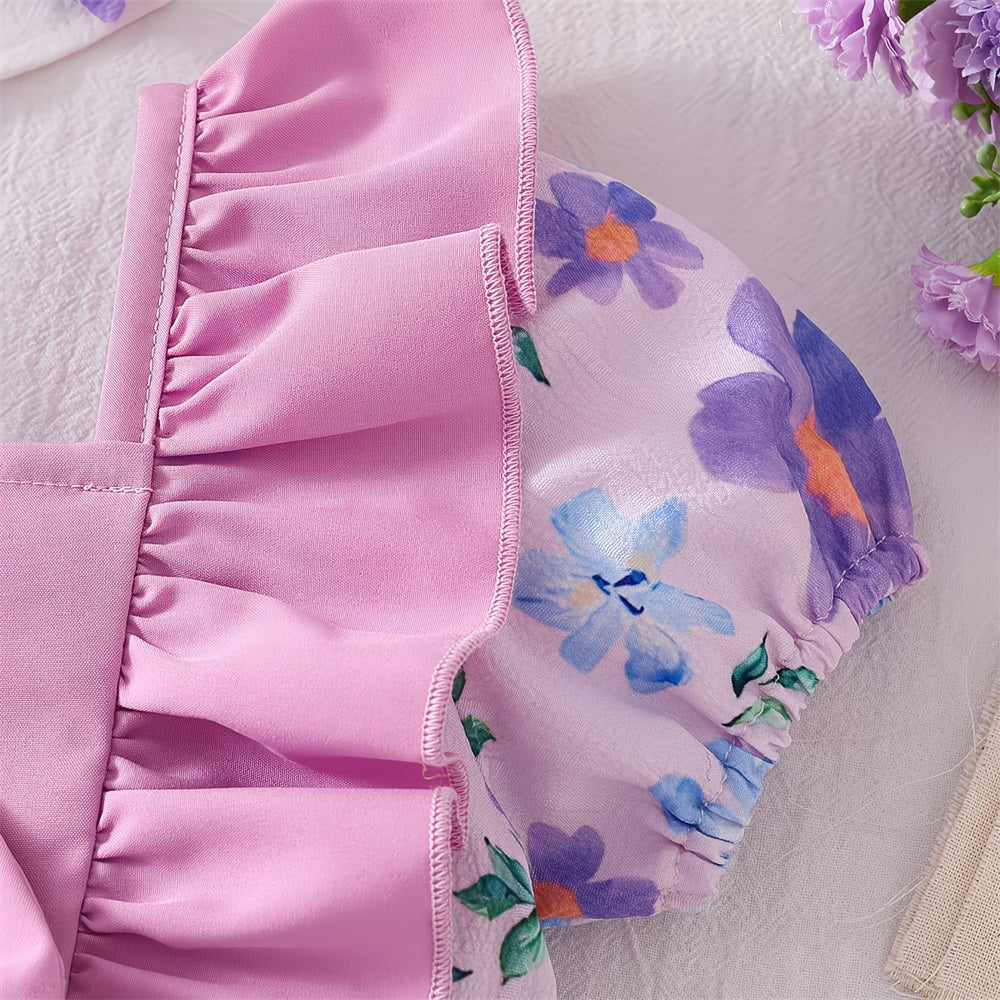 2PCS Stylish Floral Printed Frill Trim Short Sleeve Baby Romper