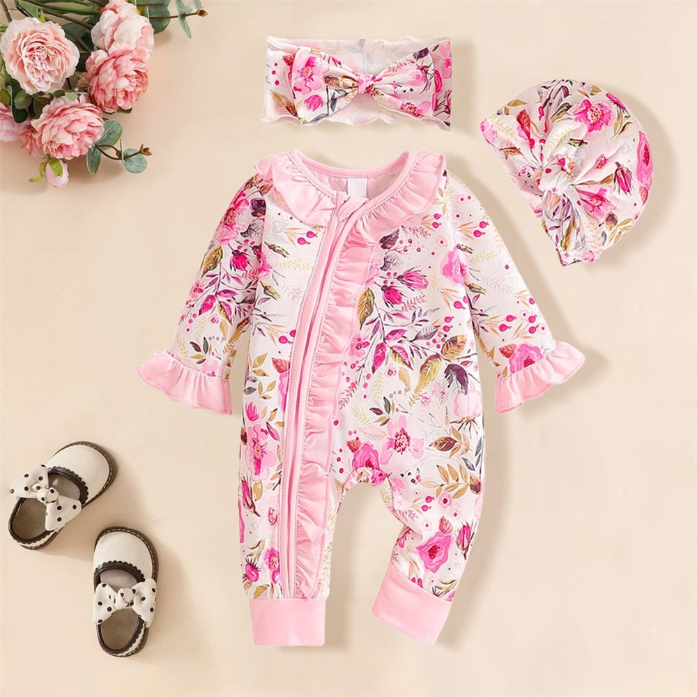 3PCS Sweet Floral Print Frill Long Sleeve Baby Jumpsuit
