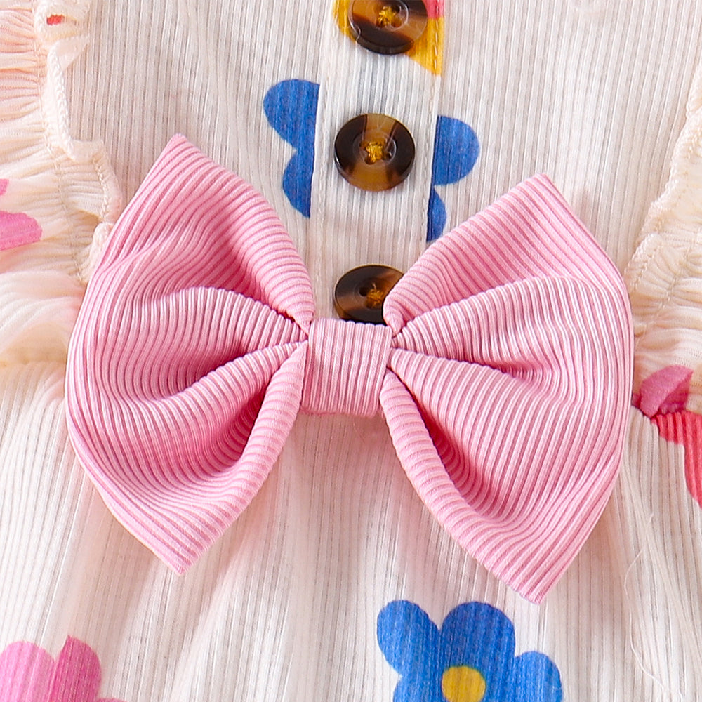 3PCS Graceful Floral Printed Bow Baby Girl Romper
