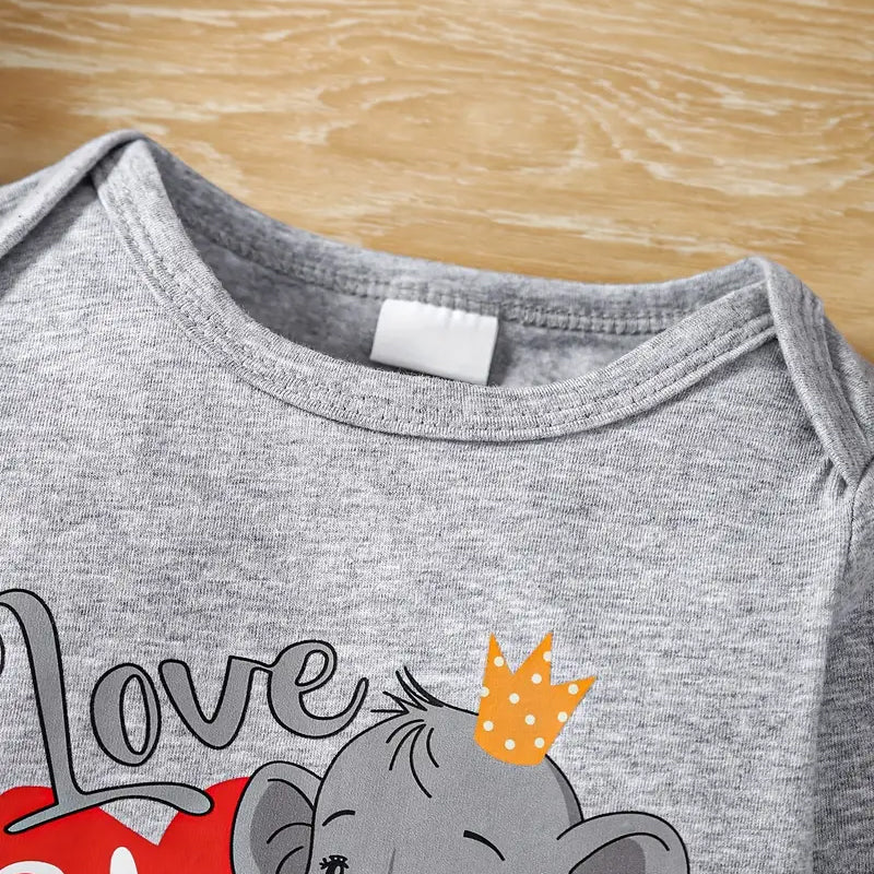 3PCS LOVE YOU MAMA Letter Elephant Printed Long Sleeve Baby Set