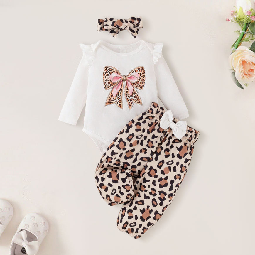 3PCS Fashion Bow Leopard Print Long Sleeve Baby Set