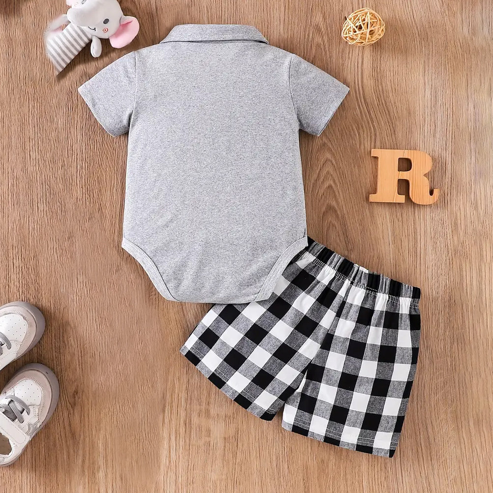 2PCS Summer Plaid Printed Short Sleeve Baby Boy Set