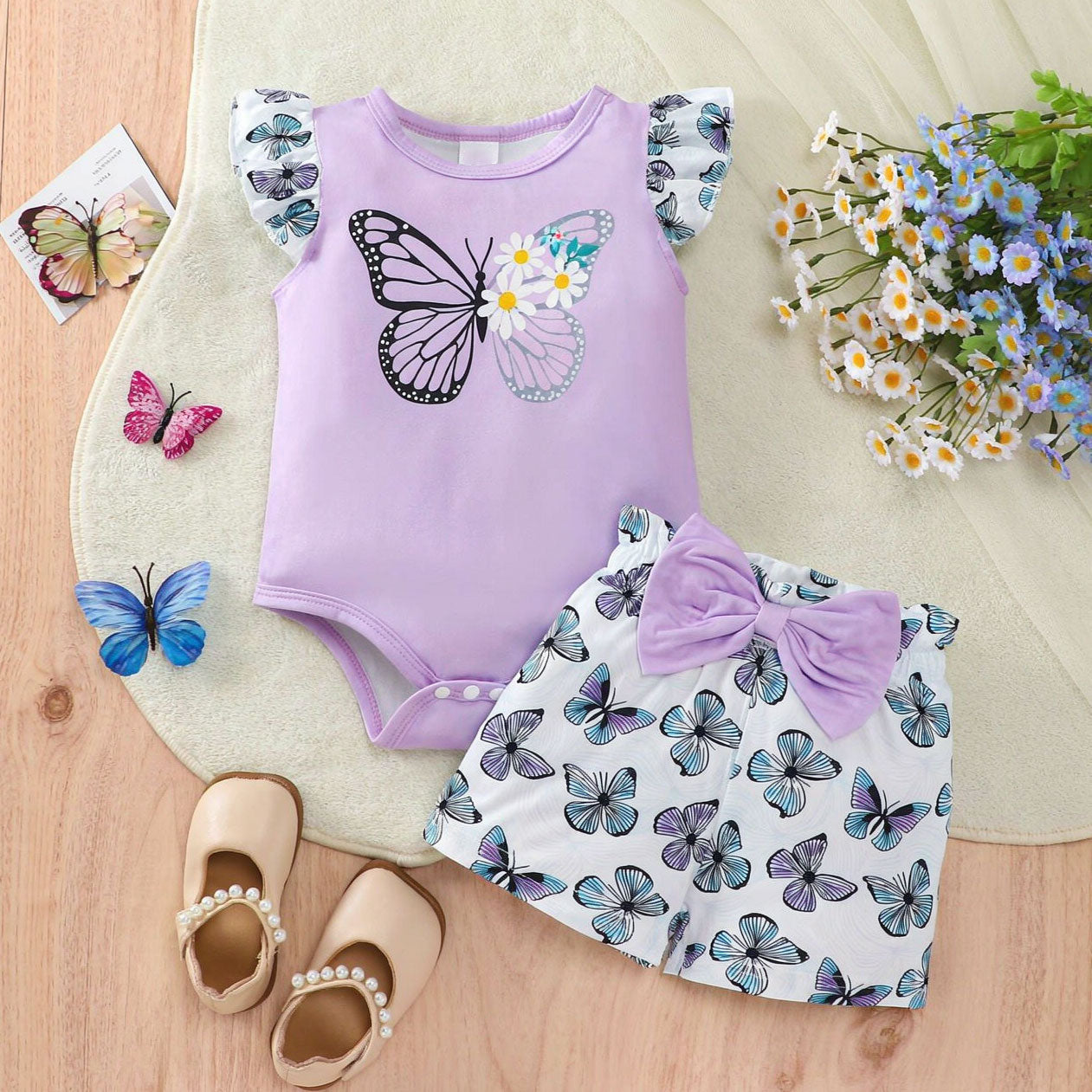 3PCS Elegant Butterfly Printed Flutter Sleeve Baby Set