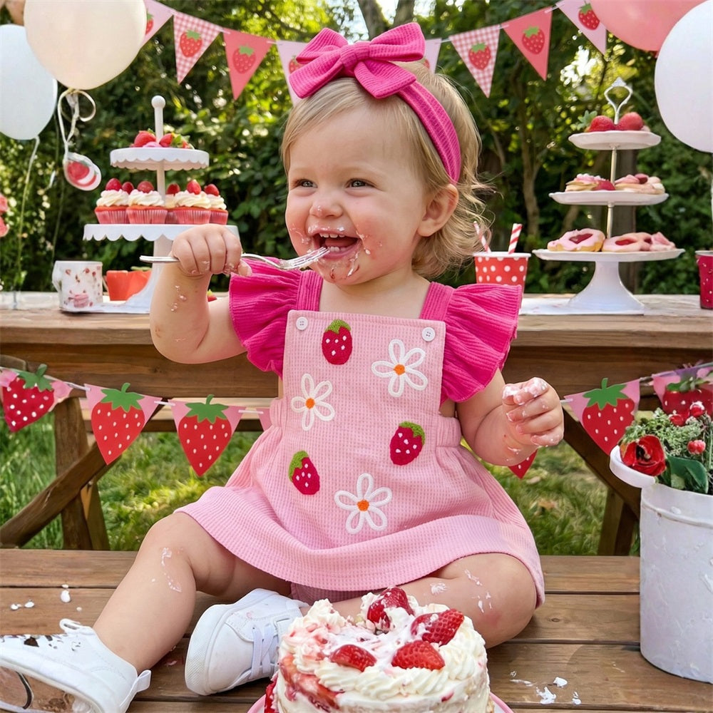 2PCS Strawberry Embroidery Flounce Sleeve Baby Romper