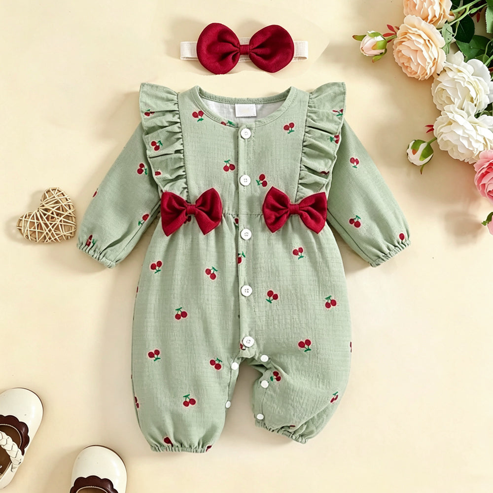 2PCS Allover Cherry Printed Ruffle Long Sleeve Baby Girl Jumpsuit