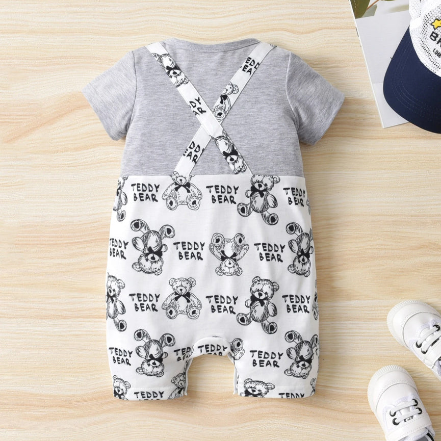Fake Two-Piece Letter & Teddy Bear printed Baby Jumpsuit