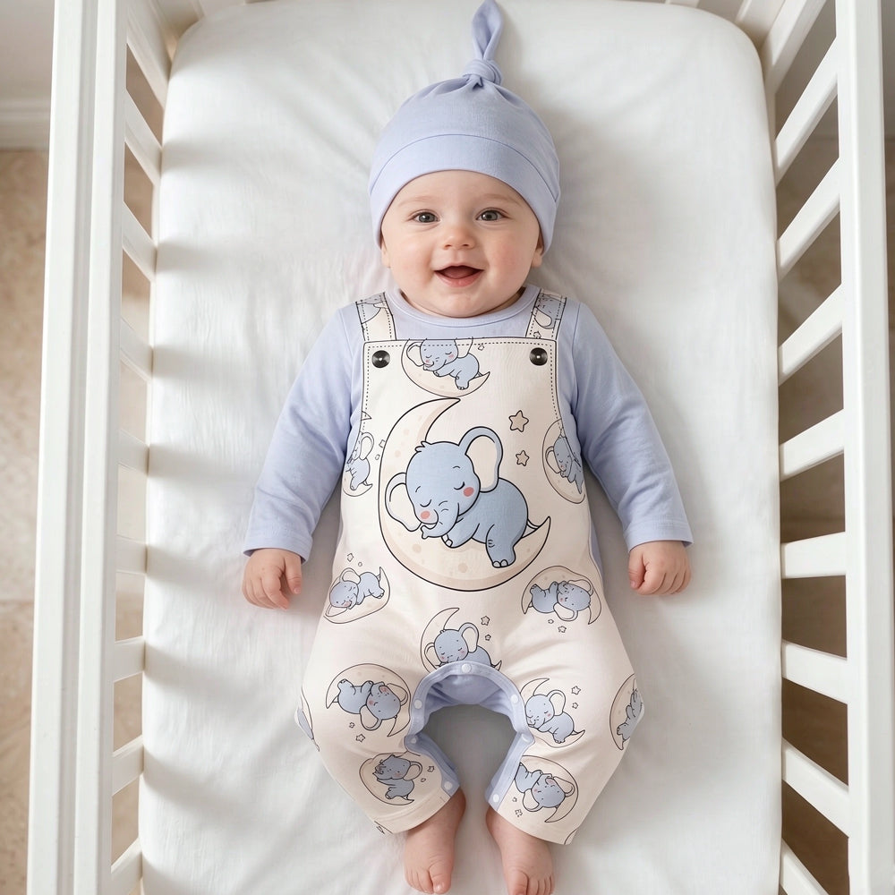 2PCS Lovely Elephant Print Long Sleeve Baby Boy Jumpsuit