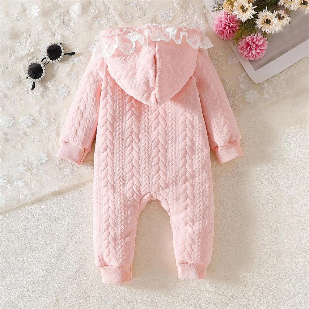 Casual Solid Color Lace Trim Long Sleeve Baby Hooded Jumpsuit