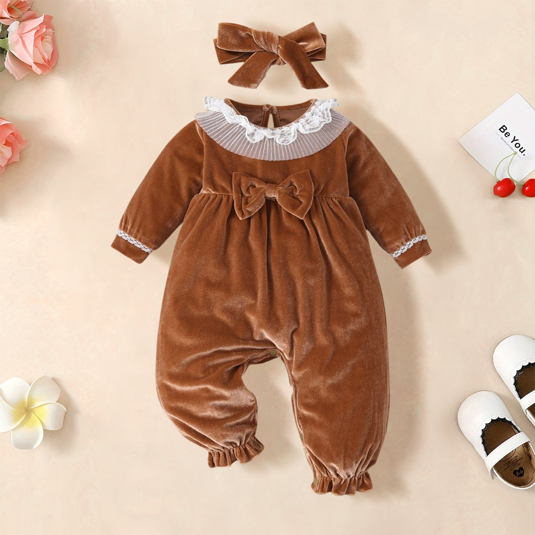 Comfy Bow Front Velvet Contrast Lace Baby Jumpsuit